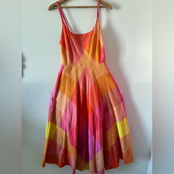 Liz Claiborne Vtg 90s Linen Cotton Blend Plaid Full Skirt Sunset Maxi Dress - 8 - Picture 4 of 13